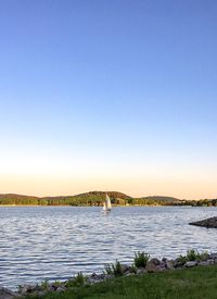 Scenic view of lake against clear blue sky