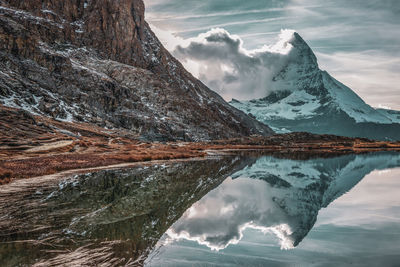 Scenic view of lake and snowcapped mountains against sky