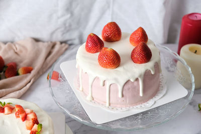 High angle view of strawberries on table