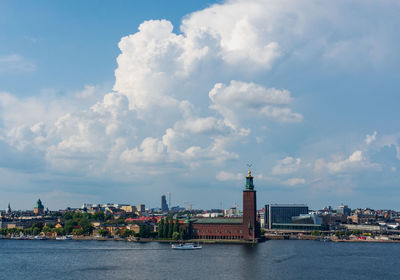 View of buildings by river against cloudy sky