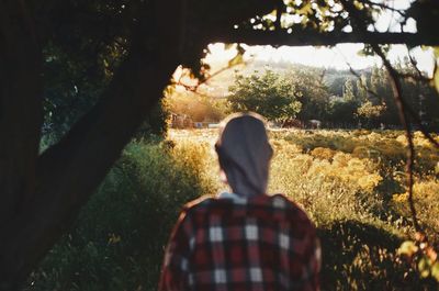 Rear view of woman standing by tree trunk in forest