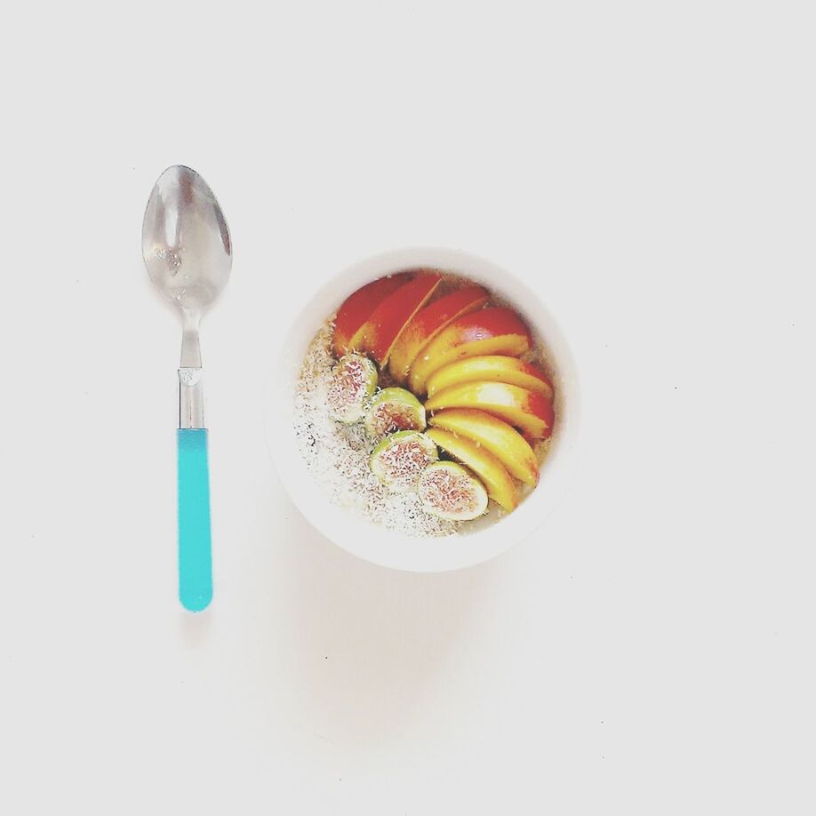 food and drink, food, freshness, still life, indoors, white background, studio shot, healthy eating, table, spoon, ready-to-eat, plate, high angle view, indulgence, sweet food, directly above, bowl, fork, close-up, drink