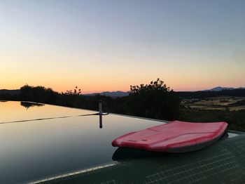 Scenic view of lake against clear sky during sunset