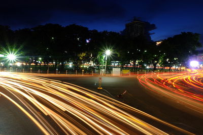 Light trails on road at night