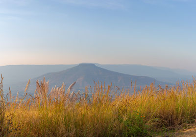 Scenic view of land and mountains against clear sky