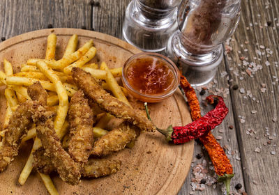 High angle view of meal served on table