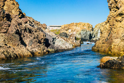 Rocks in sea against clear blue sky