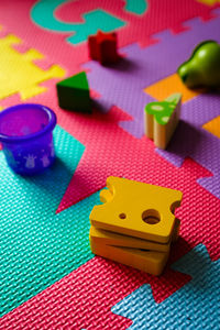 High angle view of toys on table
