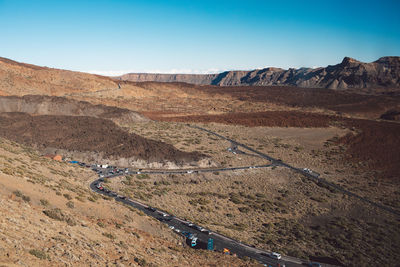 Scenic view of land and mountains against clear sky