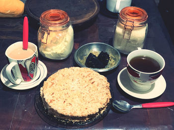 High angle view of breakfast served on table