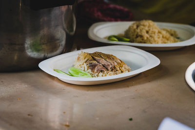 High angle view of meal served on table