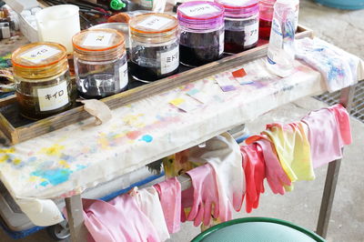 High angle view of bottles on table