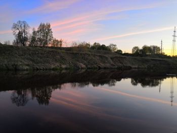 Scenic view of lake against sky at sunset