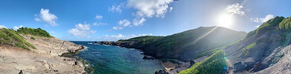 Panoramic view of sea and mountains against sky