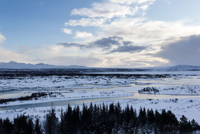 Scenic view of snowcapped mountains against sky