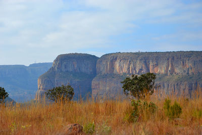 Rock formations on landscape against sky
