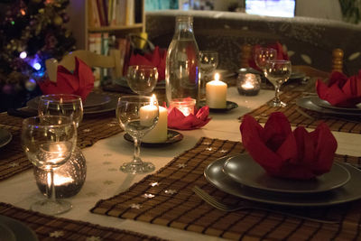 Close-up of wine glasses on table