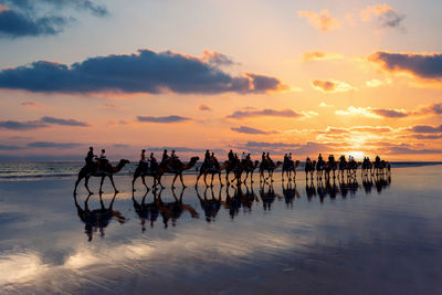 Silhouette people at beach against sky during sunset