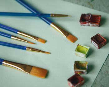 High angle view of multi colored pencils on table