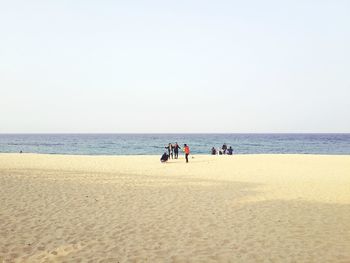 People at beach against clear sky