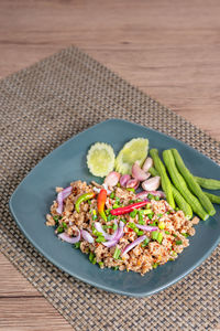 High angle view of food in plate on table