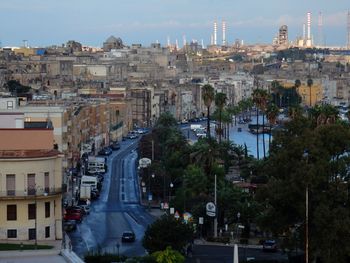 High angle view of street amidst buildings in city