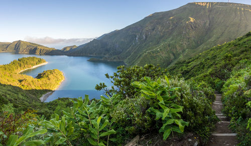 Scenic view of lake and mountains against sky