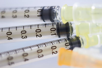 Close-up of syringes against white background