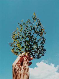 Low angle view of hand holding plant against blue sky