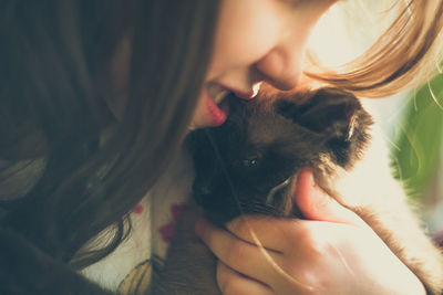 Close-up of girl holding cat