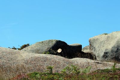 Low angle view of rocks against clear blue sky