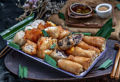 High angle view of food in plate on table