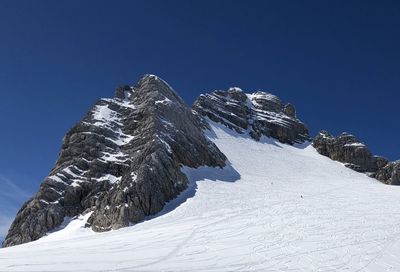 Low angle view of snowcapped mountain against clear blue sky