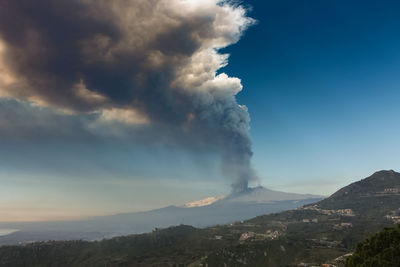 Smoke emitting from volcanic mountain against sky