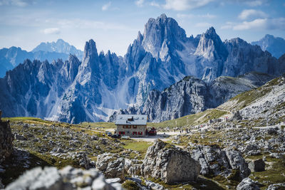 Panoramic view of snowcapped mountains against sky