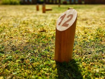 Close-up of wooden post in park