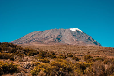 Scenic view of mountains against clear blue sky