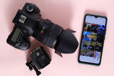 Close-up of camera on table