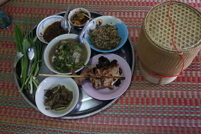 High angle view of breakfast served on table