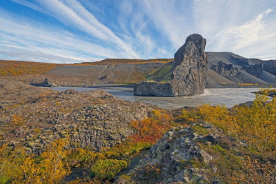 Powerful river cutting through volcanic rock in the fall in hljodaklettar national park in iceland