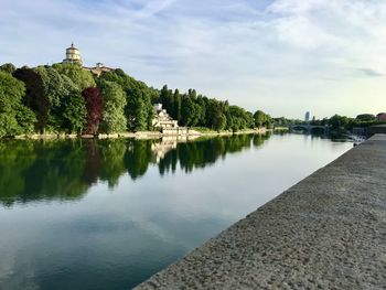 Scenic view of lake against cloudy sky