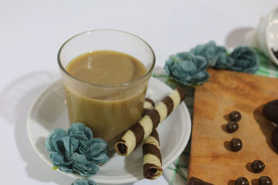 High angle view of drink on table