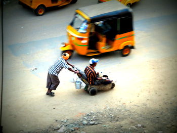 High angle view of toy car on street