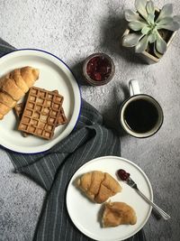 High angle view of breakfast served on table