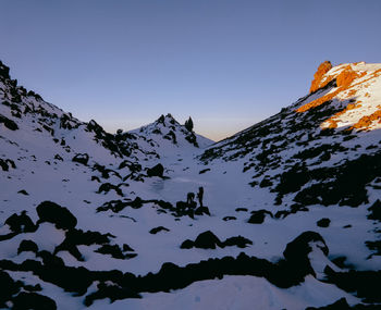 Scenic view of snowcapped mountains against clear sky