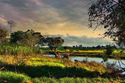 Scenic view of lake against cloudy sky