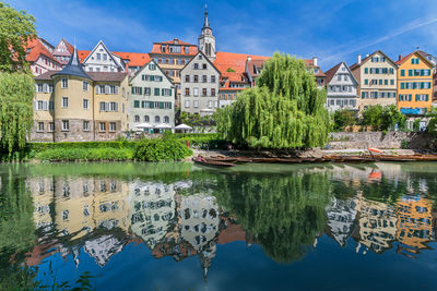 Reflection of trees and buildings in lake