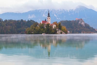 Scenic view of lake by building against sky