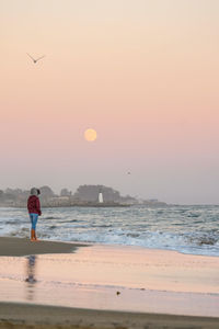 Rear view of man on beach against sky during sunset