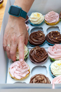 High angle view of cupcakes on table
